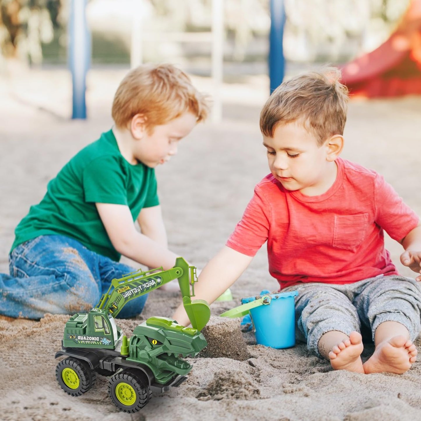 Baustellenfahrzeuge ab 3 Jahren, Set mit 3 Dinosaurier-Sandgruben-Spielzeugset mit Bagger, Transporter, Muldenkipper, robustem Sandspielzeugfahrzeugen Auto, geeignet als Sandspielzeug für Kinder ab 2+ (01)