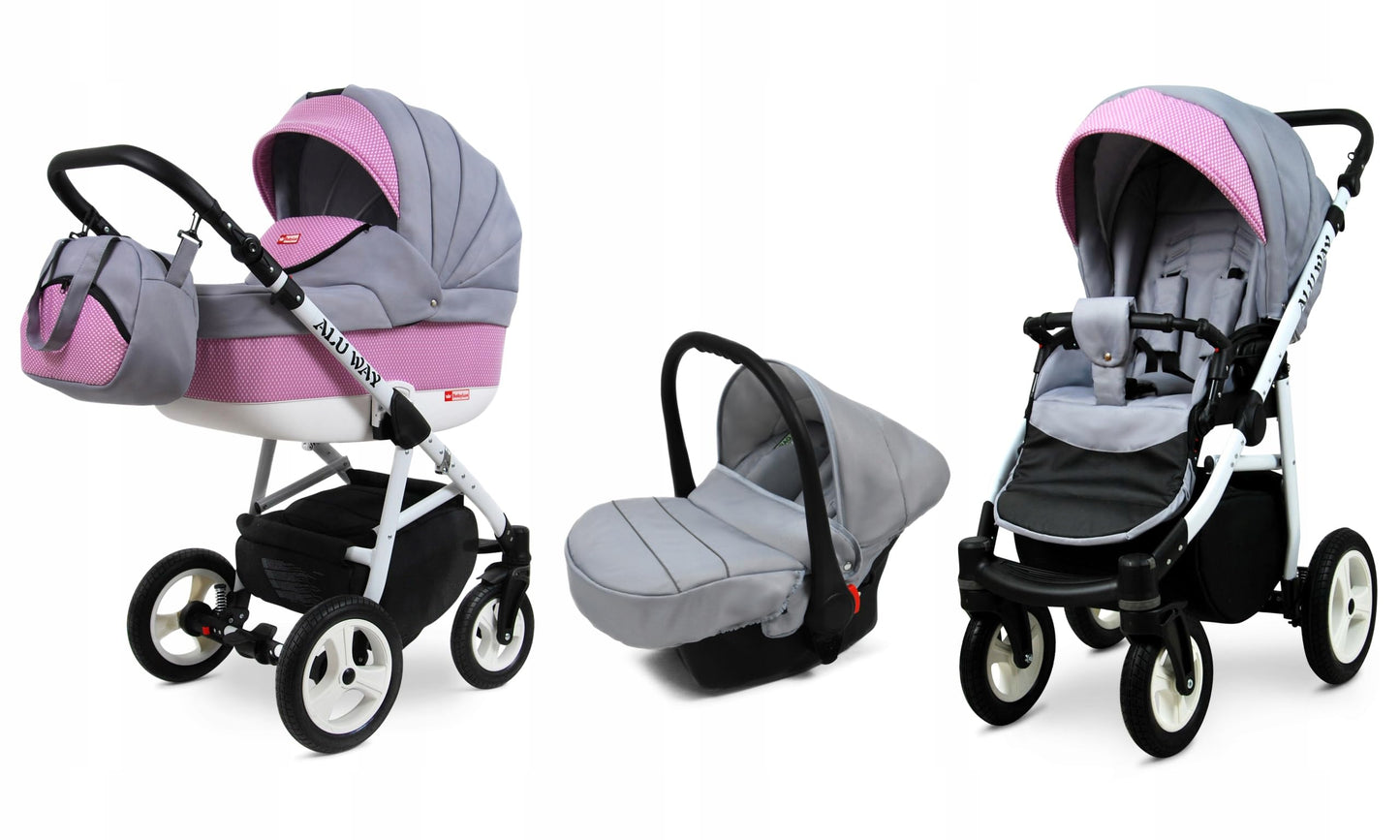 BabyLux® Kinderwagen Set 4 in 1 - Alu Way - incl. Babywanne, Buggy Sportsitz, Auto-Babyschale, ISOFIX-Basisstation - Autositz - Kinderwagenset - Kombikinderwagen mit Wickeltasche usw.