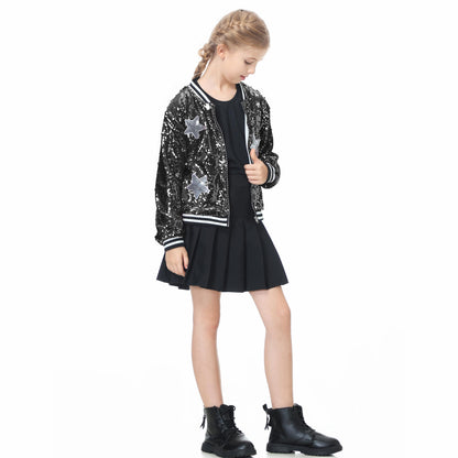 LOLANTA Girls Sequin Bomber Jacket with Pockets Zipper Long Sleeve Glitter Baseball Jackets for Kids 4-13 Years 