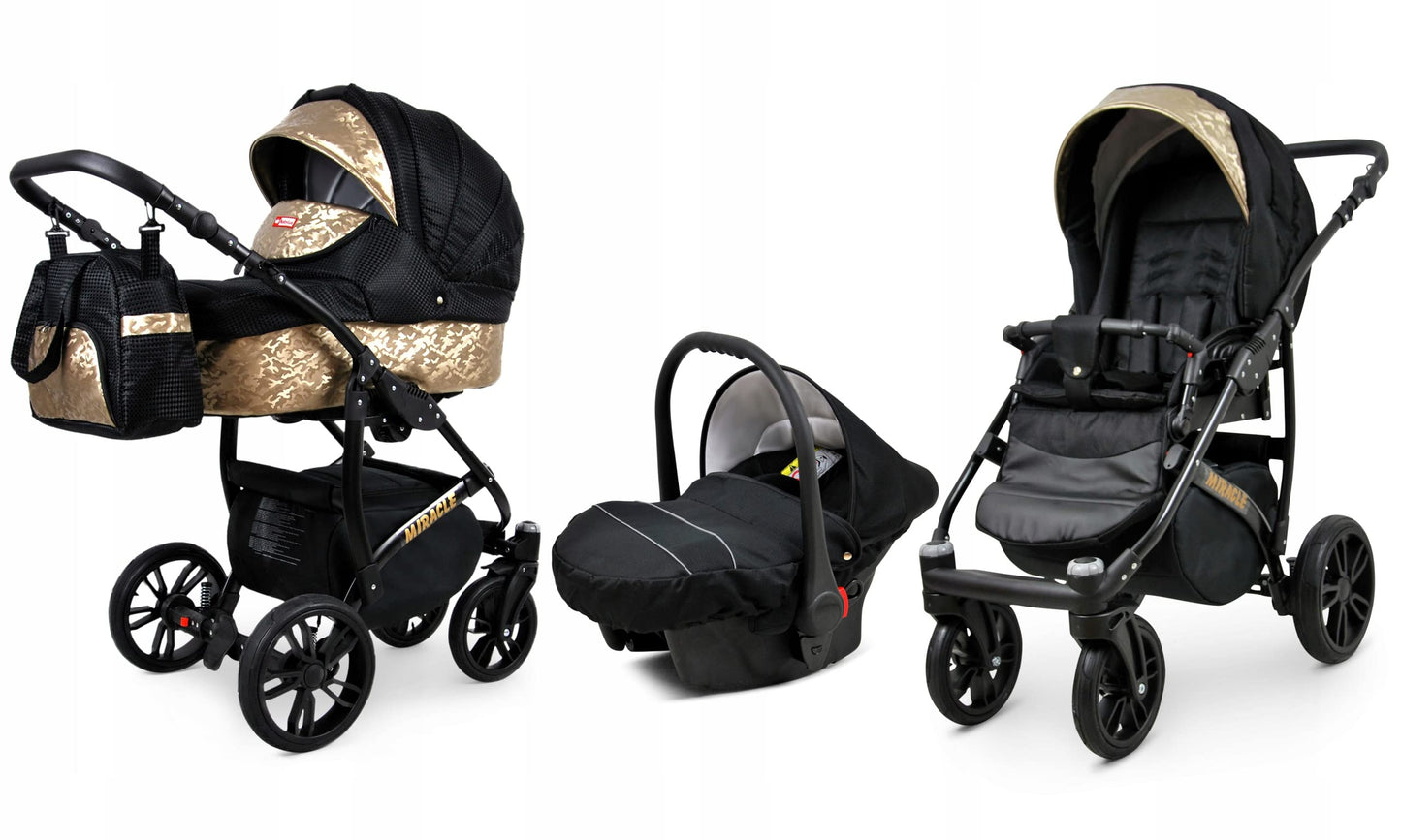 BabyLux Miracle 2-in-1 Baby Pushchair Deep and Pushchair with Accessories Adjustable and Foldable Aluminium Construction Waterproof Non-Removable Wheels Gold Leaf