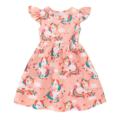 JiAmy Girls' Dress Ruffle Short Sleeve Unicorn Cartoon Prints Colourful Tulle Dresses Toddler Spring Summer Party Princess Clothing for Girls 18 Months - 8 Years