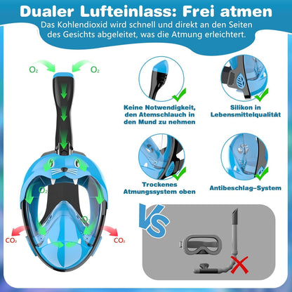 Schnorchelmaske Kinder Vollmaske – CO₂ sichere Tauchmaske ab 6 Jahren mit Anti-Beschlag, Anti-Leck, 180° Sichtfeld – Schnorchel Vollgesichtsmaske inkl. Silikon & Tragetasche