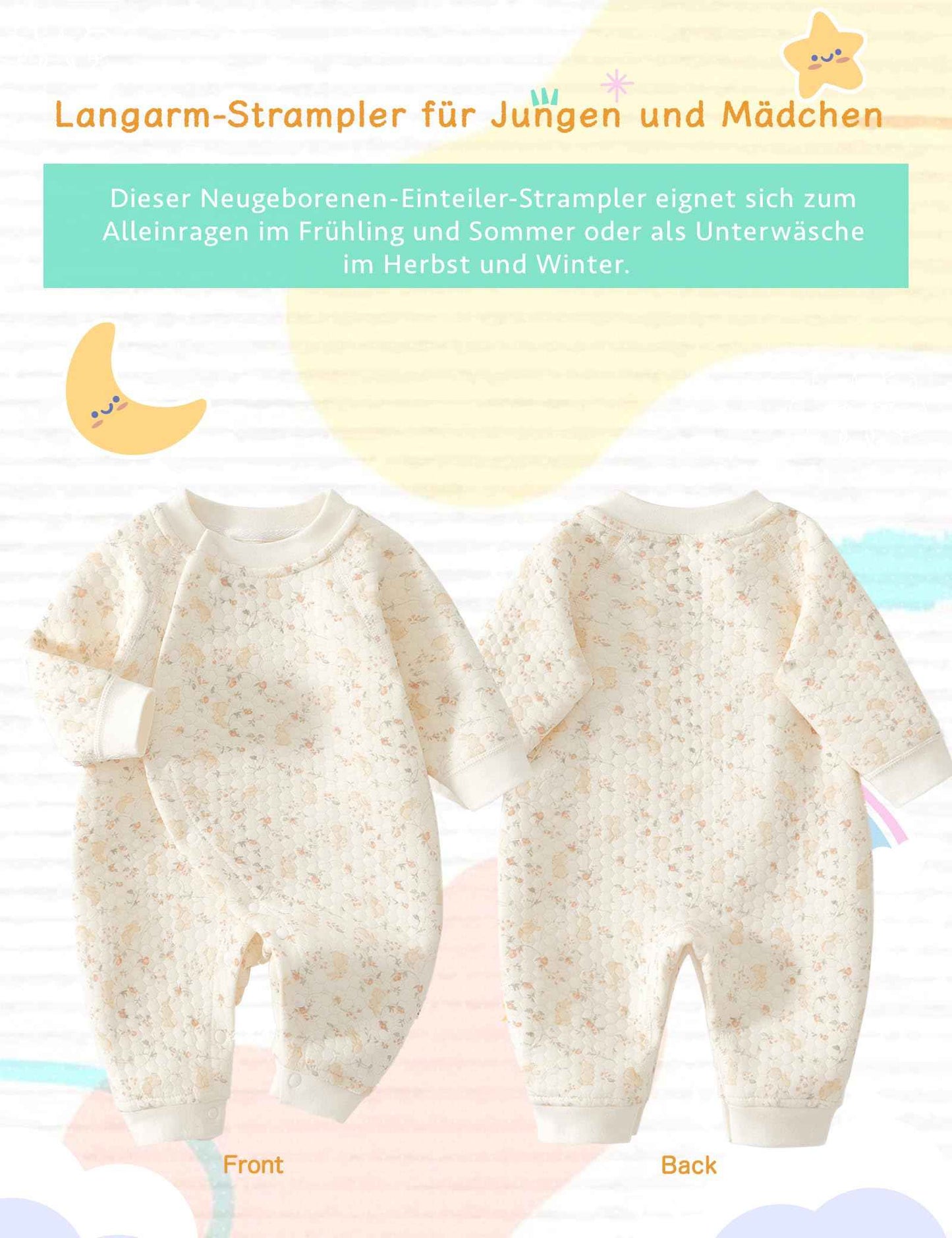 Newborn Unisex Romper, Long Sleeve Jumpsuit, 100% Cotton, Soft & Comfortable, for Outerwear & Sleepwear, Suitable for All Seasons