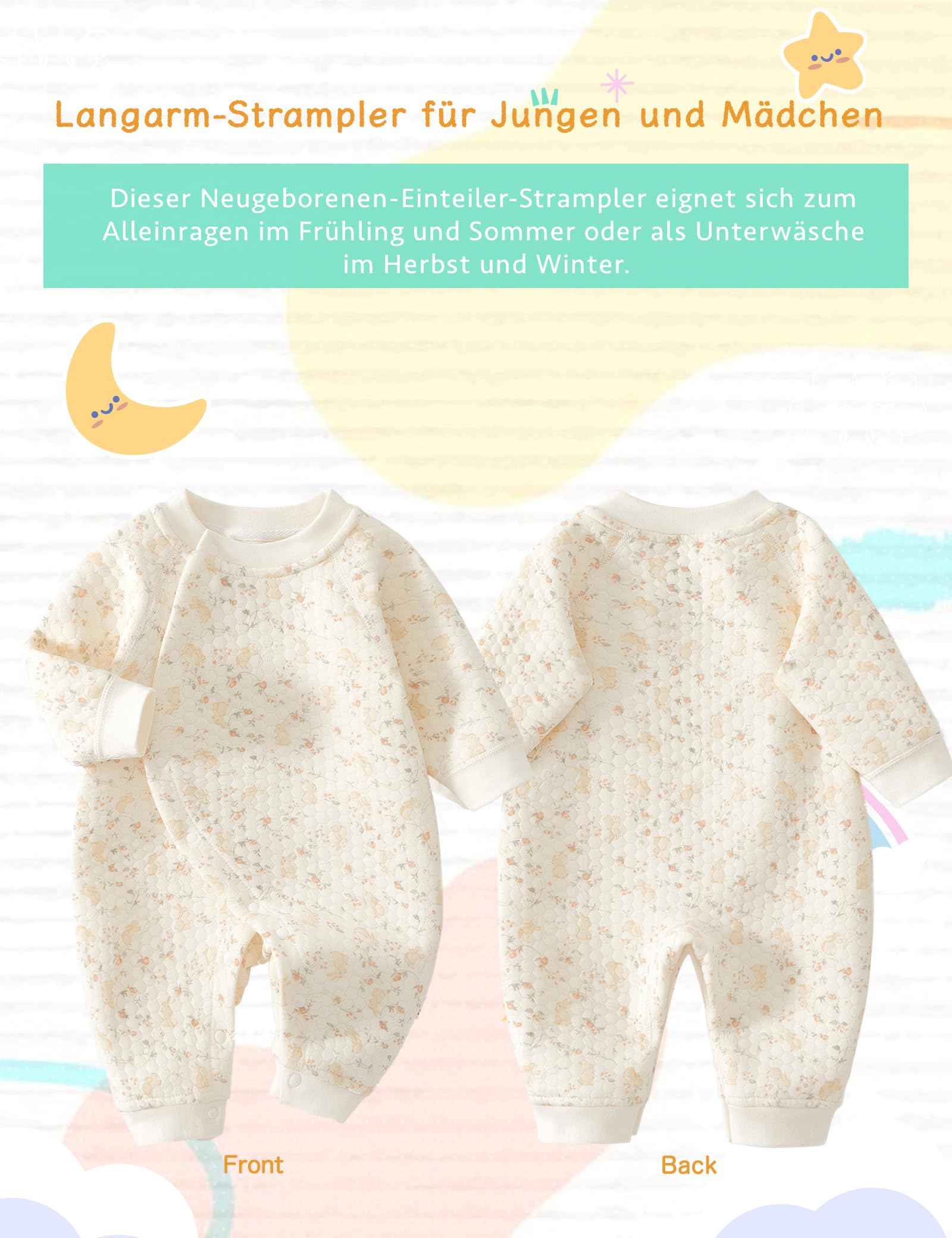 Newborn Unisex Romper, Long Sleeve Jumpsuit, 100% Cotton, Soft & Comfortable, for Outerwear & Sleepwear, Suitable for All Seasons