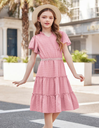 Arshiner Mädchen Kleid Festliches Rüschenärmel Sommerkleider V-Ausschnitt Partykleid Swiss Dot Stufenkleid Kinder A-Linie Swing Kinderkleid mit Tasche 3-12 Jahre