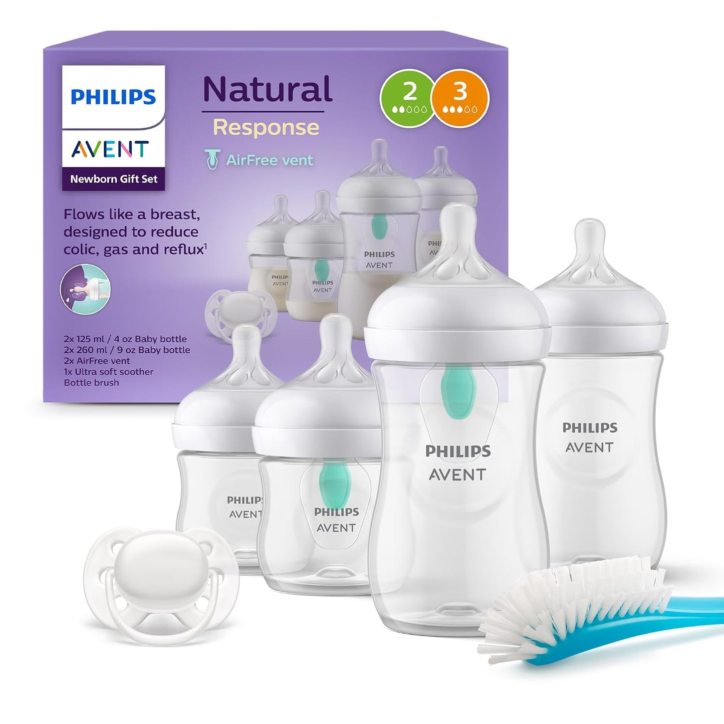 Philips Avent Babyflaschen mit AirFree Ventil, Geschenkset für Neugeborene – 4 Babyflaschen, ultra soft Schnuller und Flaschenbürste, Babys von 0–12 Monaten und älter (Modell SCD657/11) - Meloni2