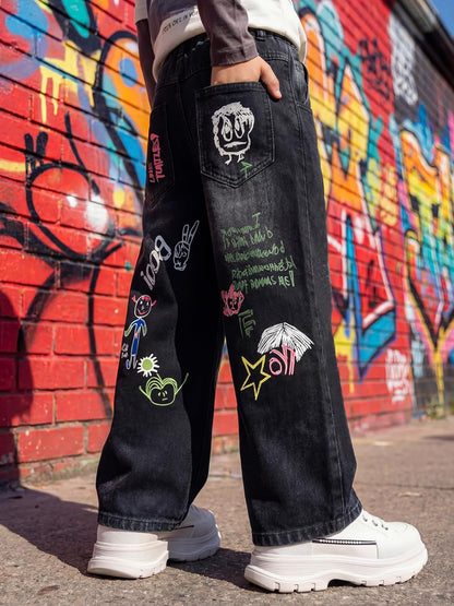 Baggy Jeans Jungen Weites Bein Gummibund Denim Jeanshosen Gr.120-170 | Baumwolle Lässige kinder Jeans Jungen Elastischer Freizeithose für 5-14 Jahren