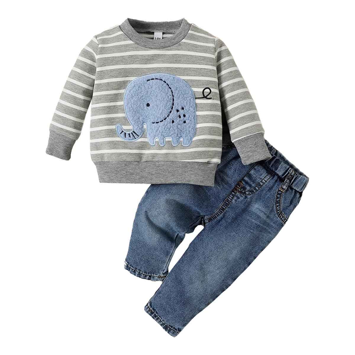 LUVCES Toddler Baby Boys Clothing Cute Animal Print Long Sleeve Sweatshirt Tops and Jeans Set Autumn Winter Baby Boy Jeans Casual 2-Piece Outfit