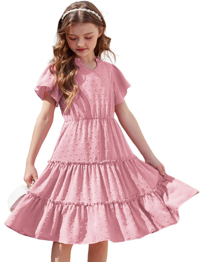 Arshiner Mädchen Kleid Festliches Rüschenärmel Sommerkleider V-Ausschnitt Partykleid Swiss Dot Stufenkleid Kinder A-Linie Swing Kinderkleid mit Tasche 3-12 Jahre