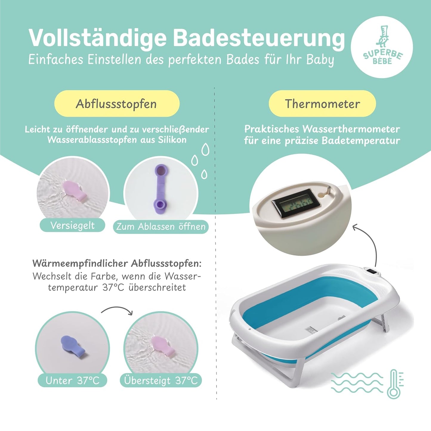 Faltbar Baby Badewanne Mit Rutschfestem Badewannensitz - Babywanne Xxl Mit Badethermometer - Von Der Geburt Bis 3 Jahre - Baby Bathtub - Babygeschenk - Geburtsgeschenke Für Mädchen & Jungen