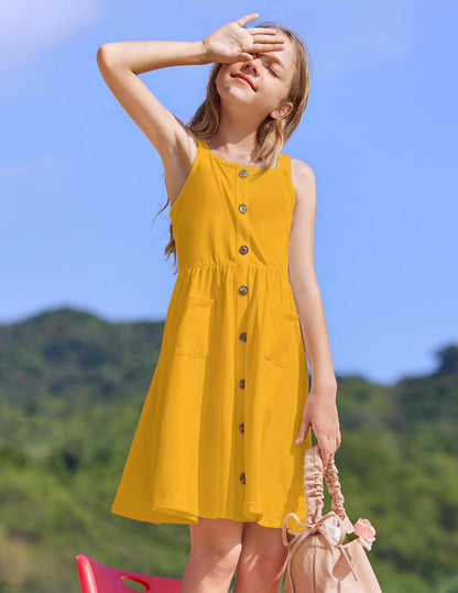 Arshiner Mädchen Kleider Ärmelloses Kinderkleid Knopfleiste Trägerkleid Sommer Baumwolle Swingkleid Festliches A-Linie Freizeitkleid Elegant Kleid für Mädchen 5-14 Jahre
