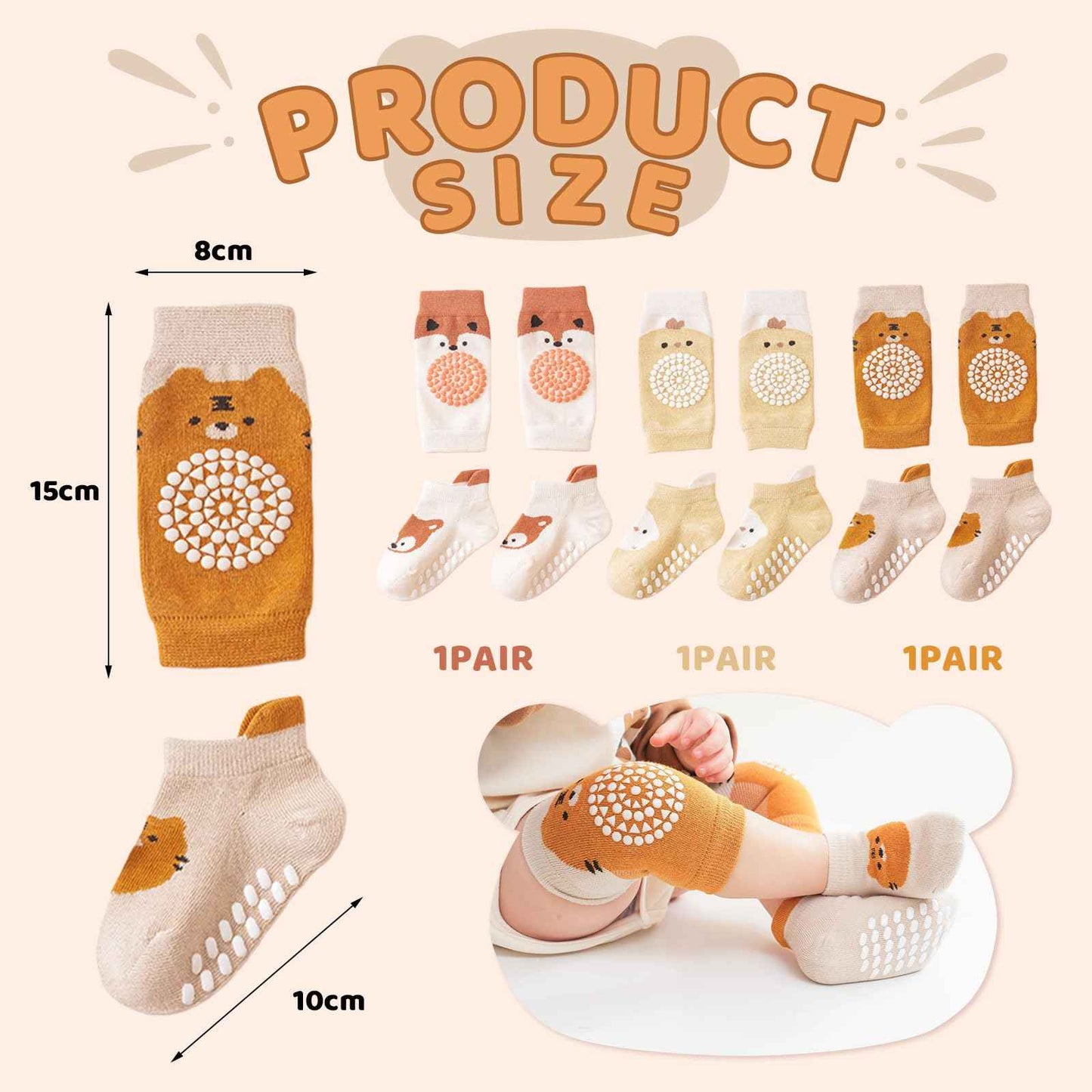 3 Paar Baby Knieschoner und 3 Paar Baby Socken Baby Krabbeln set, Anti Rutsch mit Gummipunkte Krabbelschoner Stulpen Knieschützer für Kleinkinder 0-12 Monate