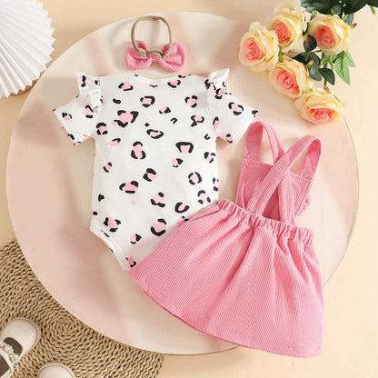 Neugeborenes Baby Mädchen Röcke Sets Kurzarm Rüschen Top + Bedrucktes Overalls Hosenträger Kleid + Stirnband Sommer Kleidung Outfits Set