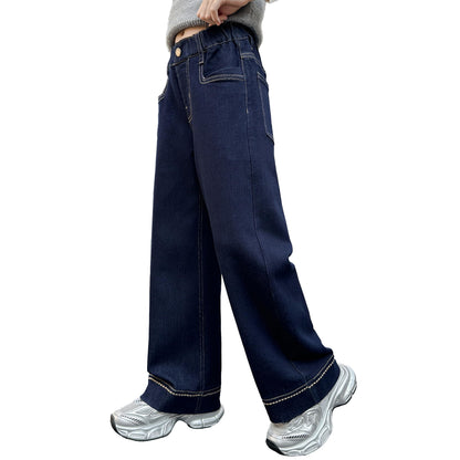 Rolanko Girls' Jeans Trousers with Hole, Denim Blue Jeans, Vintage Trousers With Wide Leg for Children