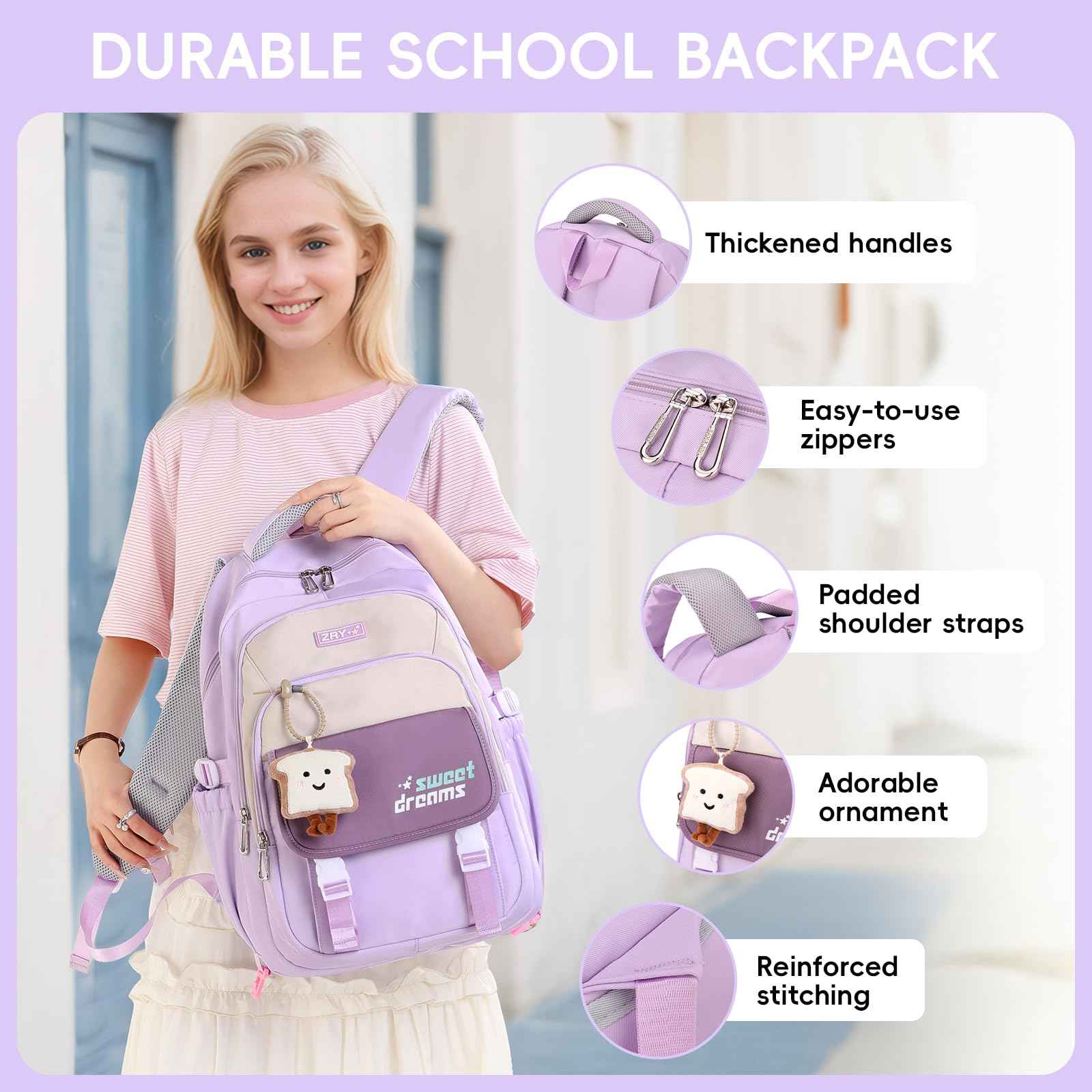 School Backpack Teenager - 36L School Bag for Girls from 5th Grade, Large Backpack for Middle and High School, Casual Children's Backpack with Cute Pendant and Trolley Strap, black, Rucksack