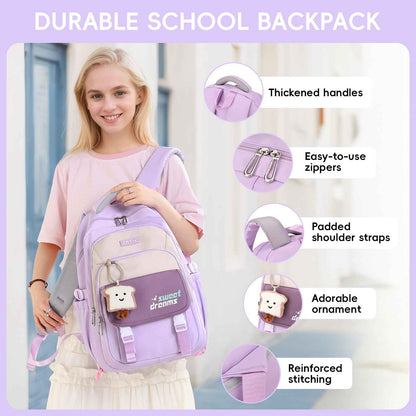 School Backpack Teenager - 36L School Bag for Girls from 5th Grade, Large Backpack for Middle and High School, Casual Children's Backpack with Cute Pendant and Trolley Strap, black, Rucksack