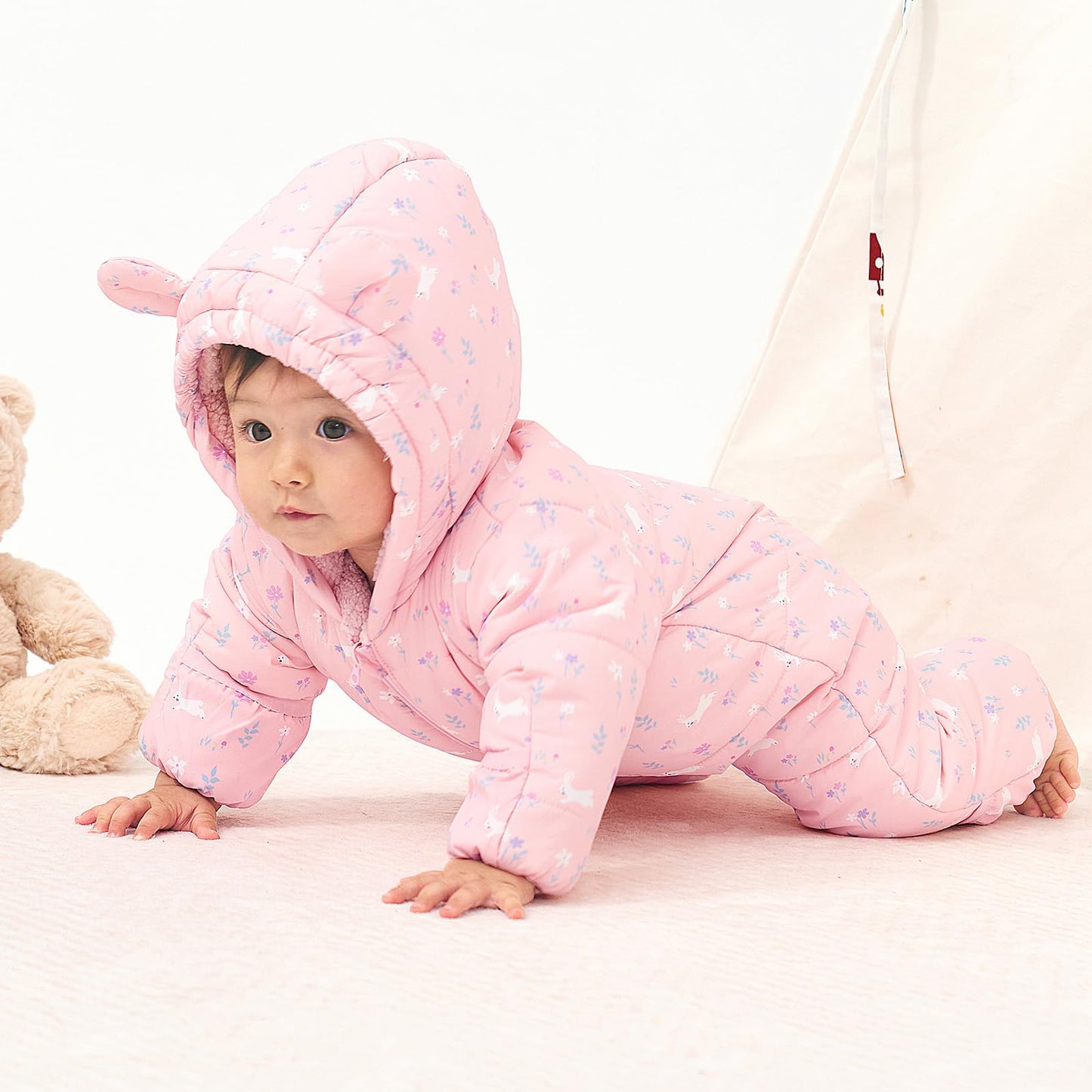 JiAmy Baby Winter Snowsuit, Toddler Bear Hood Fold-Over Mittens Booties Jumpsuit Toddler Warm Fleece Romper Girls Boys Warm Jumpsuit 3-24 Months