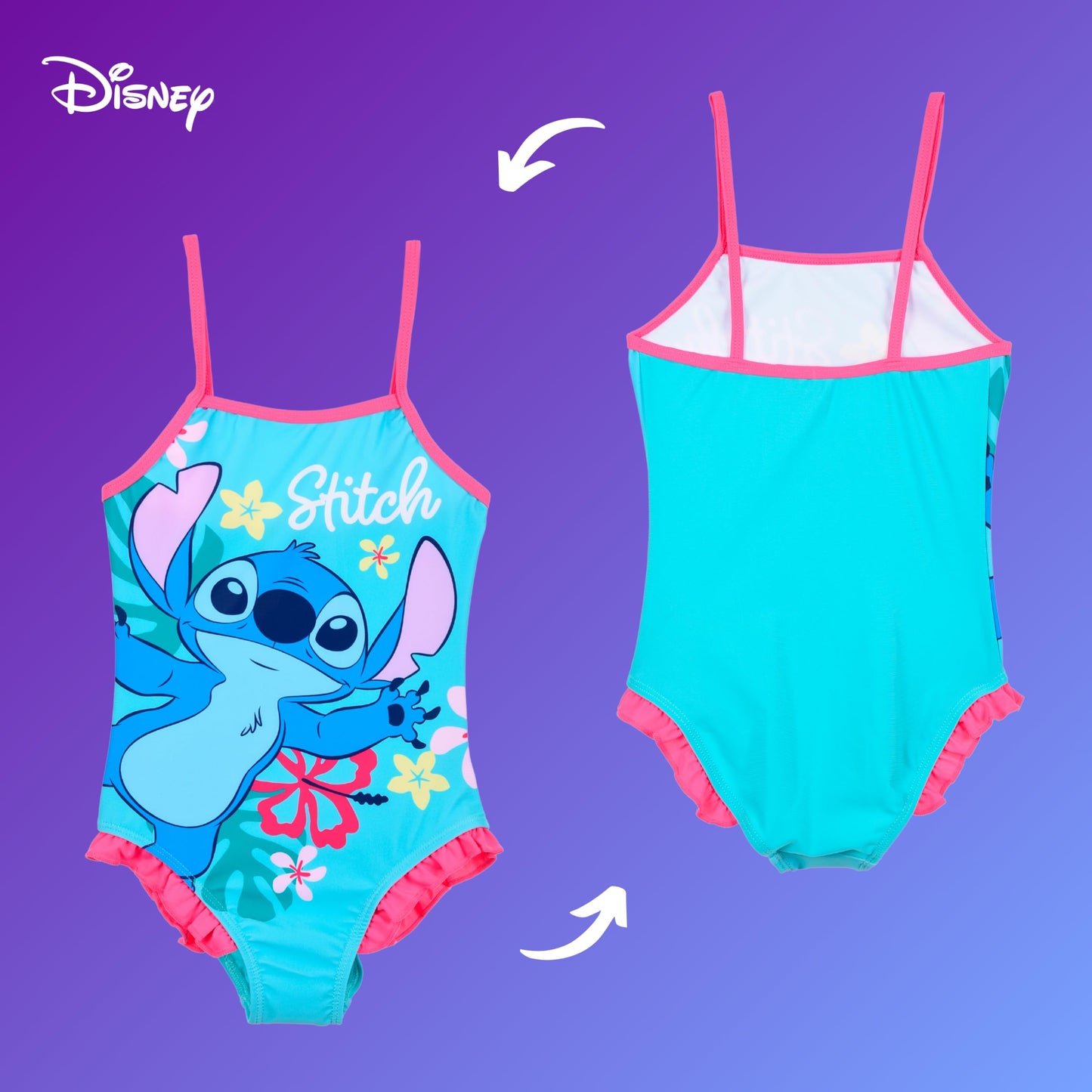 Disney Stitch Girls Flower Design Summer One Piece Swimsuit Kids Swimming Costume Sizes 3 to 8 Years