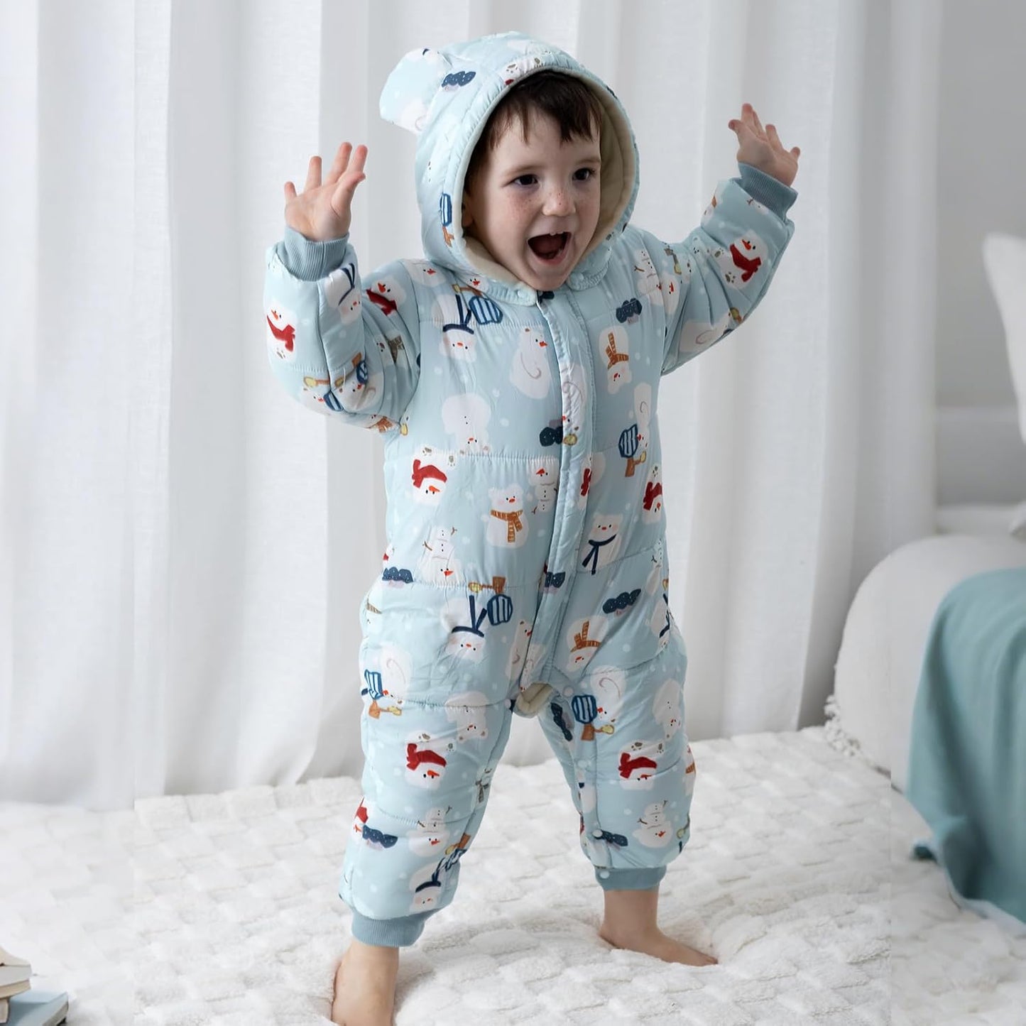 JiAmy Baby Snowsuit, Toddler Winter Romper Girls Boys Winter Jumpsuit with Hood Long Sleeve Jumpsuit Cute Prints for 3-24 Months