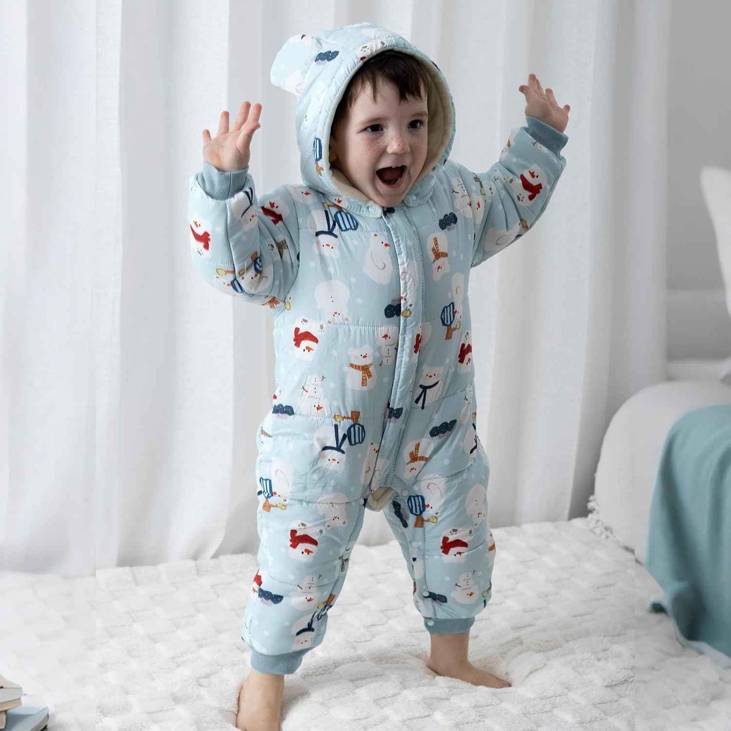 JiAmy Baby Snowsuit, Toddler Winter Romper Girls Boys Winter Jumpsuit with Hood Long Sleeve Jumpsuit Cute Prints for 3-24 Months