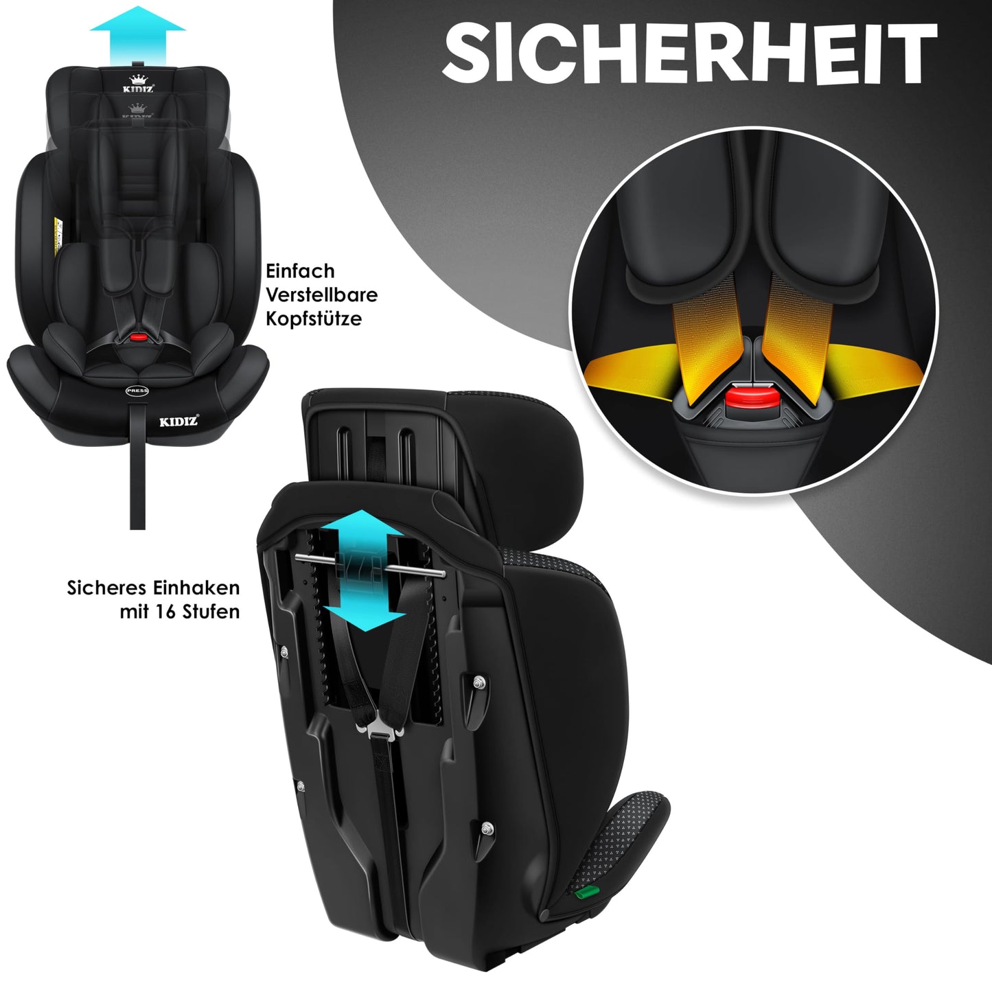 KIDIZ® Autokindersitz Kinderautositz Gruppe 1+2+3 9-36 kg 5-Punkt-Sicherheitsgurt, Autositz, Kindersitz, Einstellbare Kopfstütze, Mitwachsende Sitzerhöhung 1-12 Jahre, Stabil und Sicher - Meloni2
