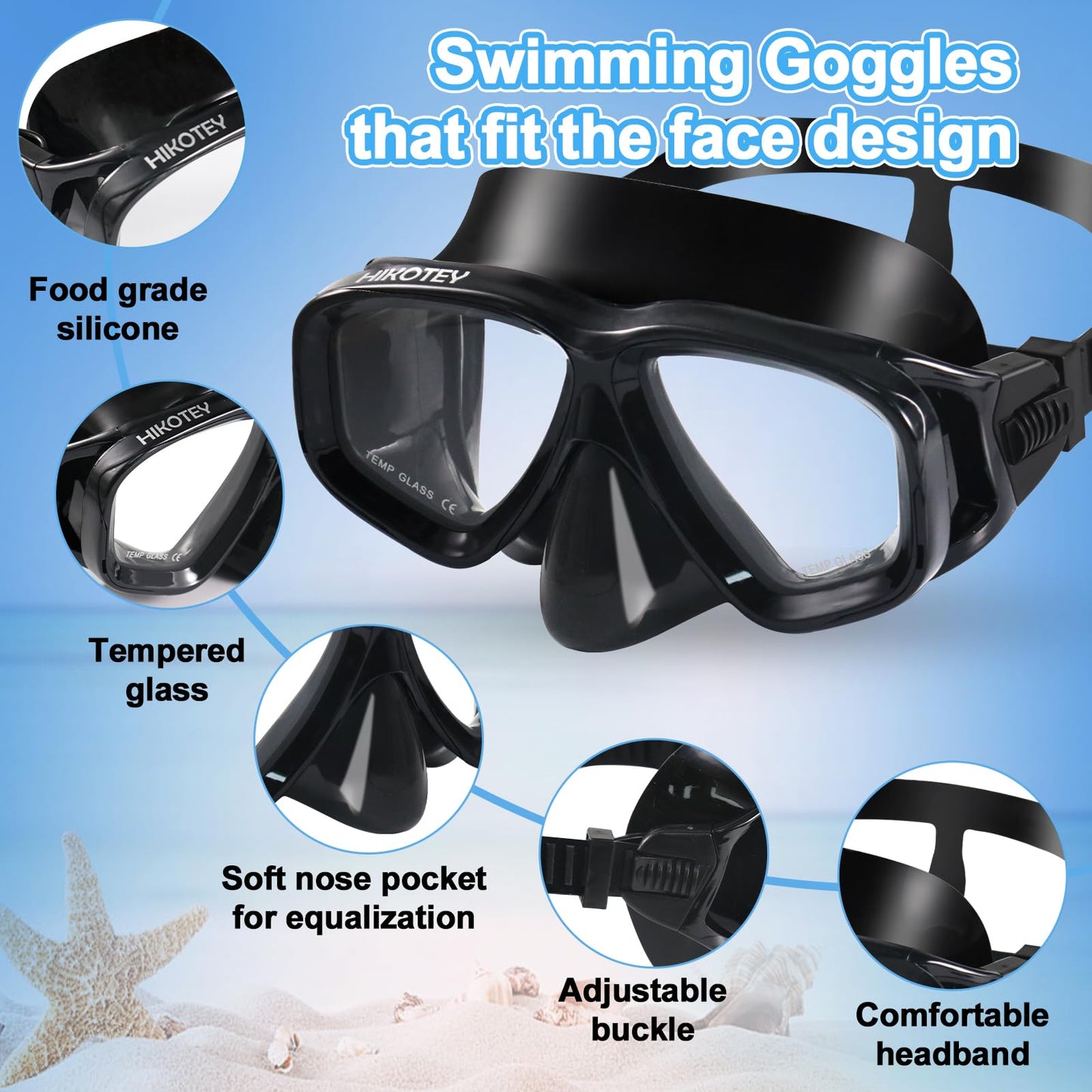 HIKOTEY Schnorchelset Erwachsene,Taucherbrille Schnorcheln Erwachsene Set mit Panorama-Weitblick Tauchmaske, Anti-Leck Schnorchelmaske für Schnorcheln, Schwimmen und Tauchen
