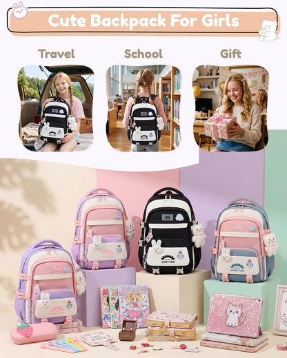 Tanou Schultasche Mädchen, Wasserabweisender Nylon Kinder Schulranzen, 20L | Leichter Schulrucksack für Mädchen der 2. bis 5. Klasse, Rucksack Schule mit Anhänger, Blau