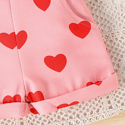 Baby Mädchen Sommer Outfits Rüschen Kurzarm Ripptop+ Blumen/Herzmuster Overalls Shorts Mit Tasche Süßes 2-Teiliges Kleidungsset