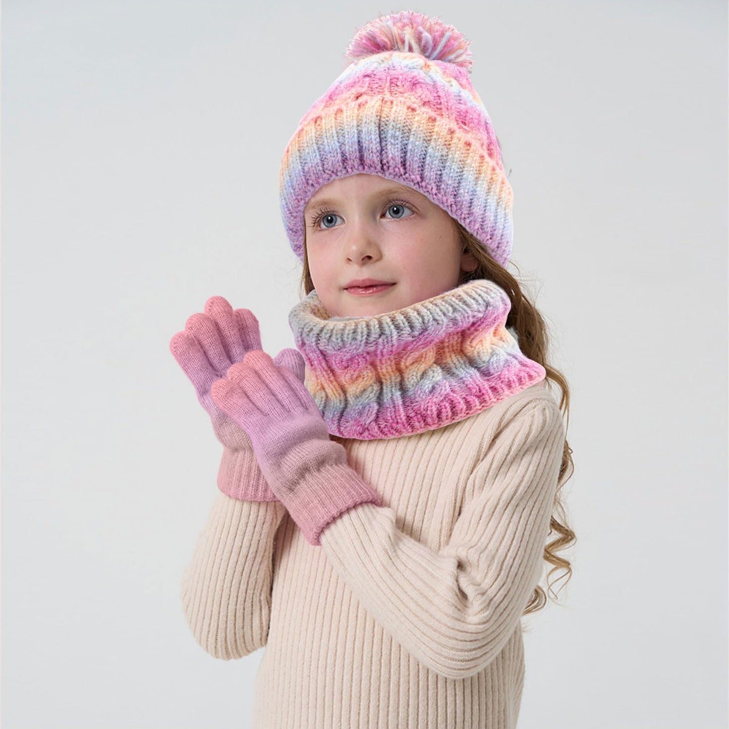 Children's Hat Scarf Gloves Set - 3-in-1 Winter Knitted Hat Scarf and Gloves Set for Children with Pom Pom Beanie, Neck Warmer & Mittens for Boys Girls Age 3-10 Years