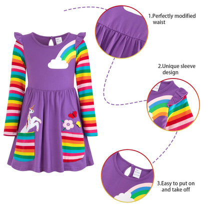 SFreeBo Girls Dresses Unicorn Rainbow Dress Kids Girls Gift Cotton Colourful Dresses for Girls 104 110 116 122 128