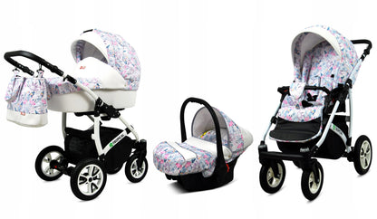 BabyLux® Bambimo Pushchair Set 3 in 1 - Tropical - incl. Baby Carrycot, Buggy Sports Seat, Car Seat - Pram Set - Combination Pram with Changing Bag, Rain Cover etc.