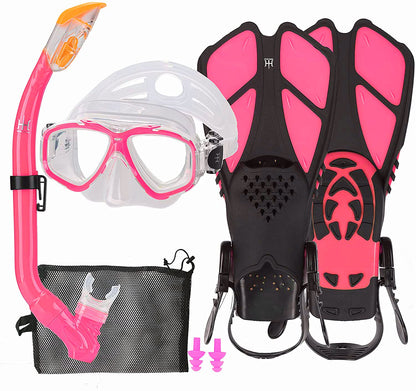 HH HHAO SPORT Children's snorkel set with fins, 180° panorama wide view diving goggles children, adjustable flippers, high-quality diving mask and dry top snorkel