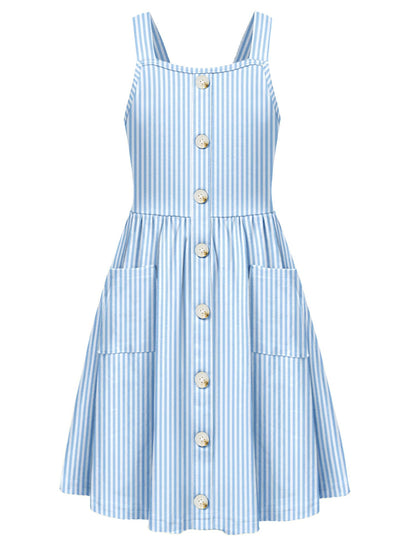 Arshiner Mädchen Kleider Ärmelloses Kinderkleid Knopfleiste Trägerkleid Sommer Baumwolle Swingkleid Festliches A-Linie Freizeitkleid Elegant Kleid für Mädchen 5-14 Jahre