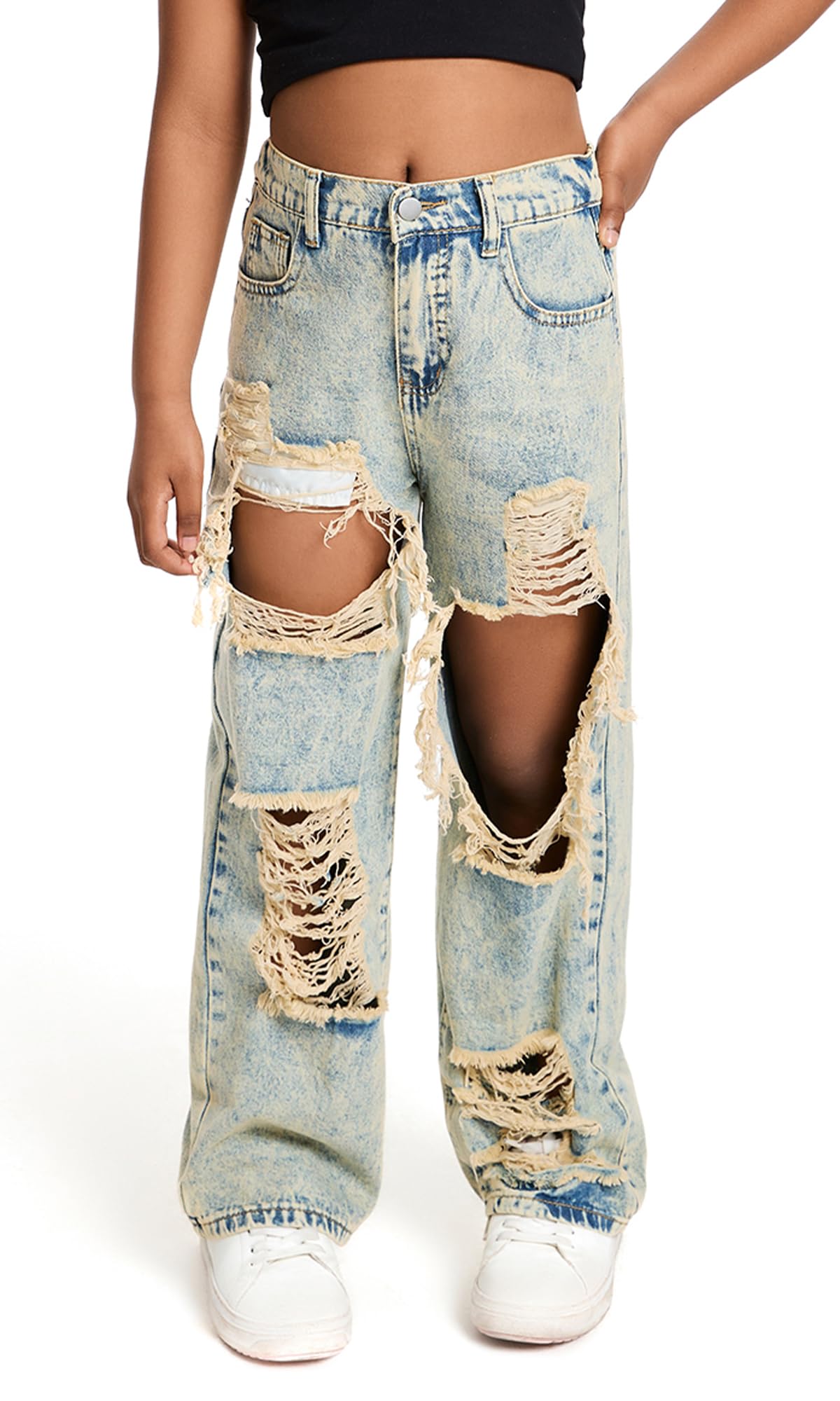 Happy Cherry Mädchen Jean Hosen Loch Wash Denim Blau Hose Kinder Elastische Taille Vintage Jeans Weites Bein Jeanshosen 130-160