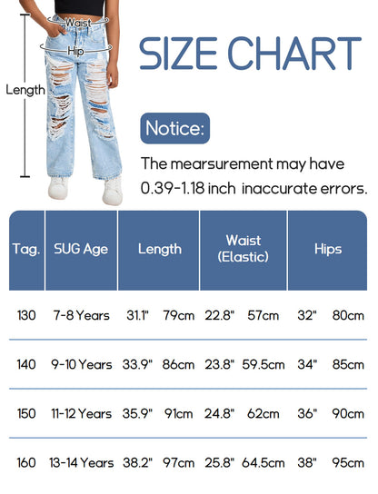 Happy Cherry Mädchen Jean Hosen Loch Wash Denim Blau Hose Kinder Elastische Taille Vintage Jeans Weites Bein Jeanshosen 130-160