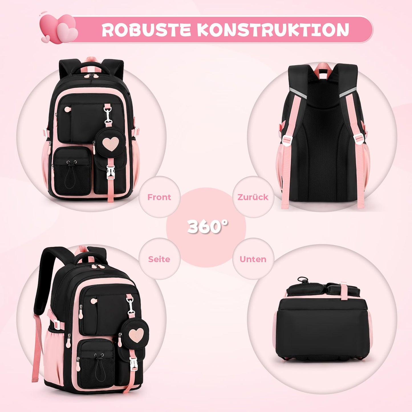 Schulrucksack Teenager Mädchen 22,9L mit Abnehmbarem Münzbeutel | Reflektierende Sicherheitsstreifen,S-förmige Wirbelsäulenstütze,Wasserfestes Gewebe,Wabenbelüfteter Rücken