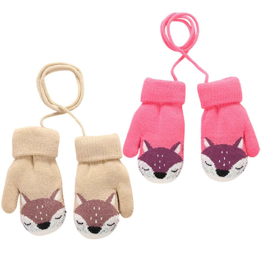 FUIPVGI 2 Pairs of Baby Winter Gloves, Cartoon Children's Winter Gloves, Mittens, Warm Knitted Gloves with Lanyard for 0-3 Years Girls Boys