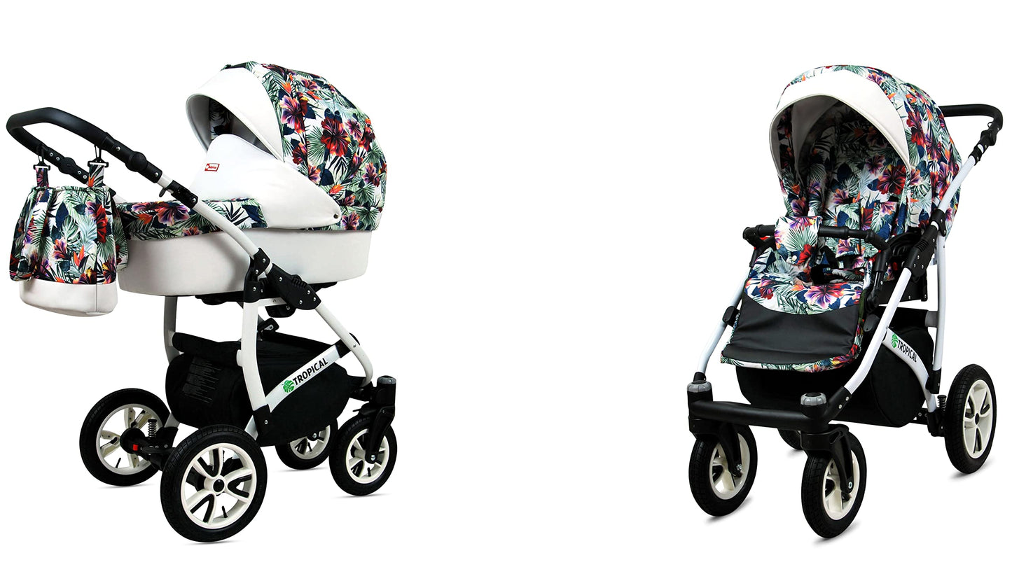 BabyLux® Bambimo Pushchair Set 3 in 1 - Tropical - incl. Baby Carrycot, Buggy Sports Seat, Car Seat - Pram Set - Combination Pram with Changing Bag, Rain Cover etc.