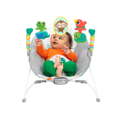 Bright Starts, Babywippe Babyschaukel Safari Fun mit Beruhigenden Vibrationen, Spielbogen mit 2 Spielzeugen, 3-Punkte-Gurt Sitz, Maschinenwaschbares Sitzpolster, ab der Geburt bis 9kg