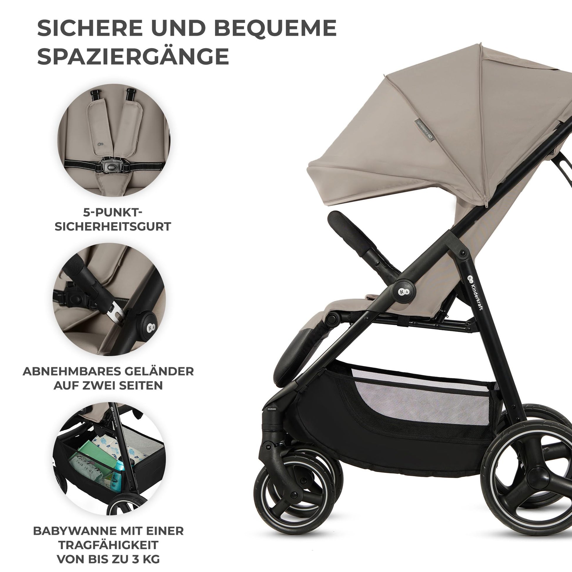 Kinderkraft TRIG 3 Kinderwagen, Kinderbuggy, Liegewagen, Sportwagen, Buggy, Zusammenklappen, Breite und tiefe Sitz, mit Liegeposition, 4 Rad Dämpfung, Große Dach, 5-Punkt-Gurt, bis zu 25 kg, Beige - Meloni2
