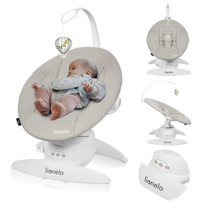 LIONELO Iris Electric Baby Rocker 360° Rotatable for Babies up to 9 kg Adjustable Backrest, 5 Weighing Speeds, Non-Slip Safety Belt, 12 Melodies Hanger with Toy Remote Control