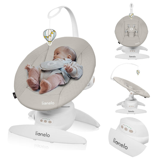 LIONELO Iris Electric Baby Rocker 360° Rotatable for Babies up to 9 kg Adjustable Backrest, 5 Weighing Speeds, Non-Slip Safety Belt, 12 Melodies Hanger with Toy Remote Control