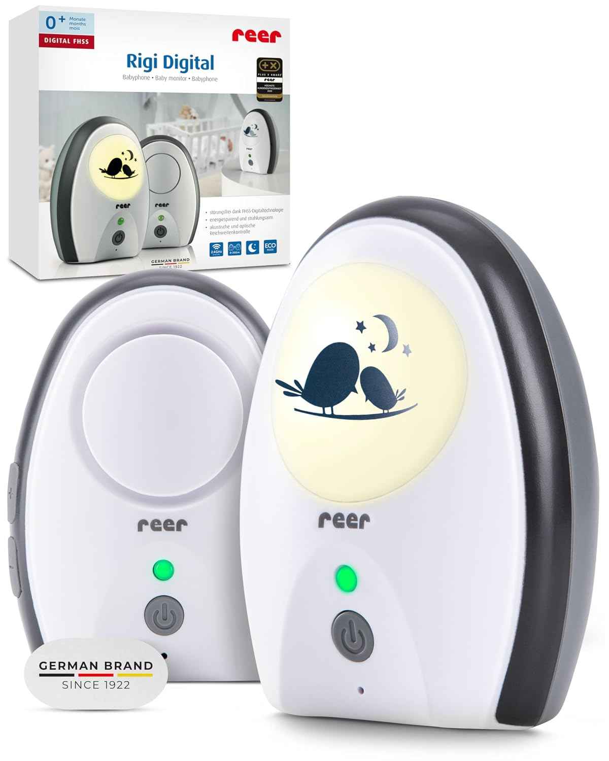 reer Rigi Babyphone, Babyfon mit Gegensprechen, 300 m Reichweite, Weiß | FHSS-Übertragung, Nachtlicht, VOX- und ECO-Modus sowie optische und akustische Warnung bei einem Verbindungsabbruch