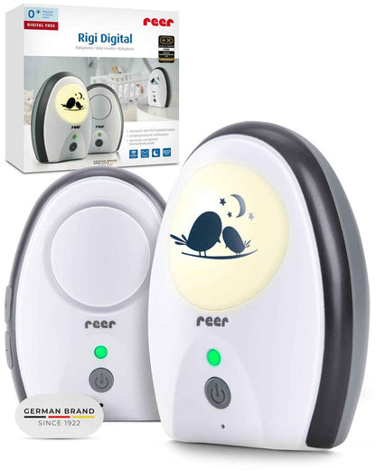 reer Rigi Babyphone, Babyfon mit Gegensprechen, 300 m Reichweite, Weiß | FHSS-Übertragung, Nachtlicht, VOX- und ECO-Modus sowie optische und akustische Warnung bei einem Verbindungsabbruch