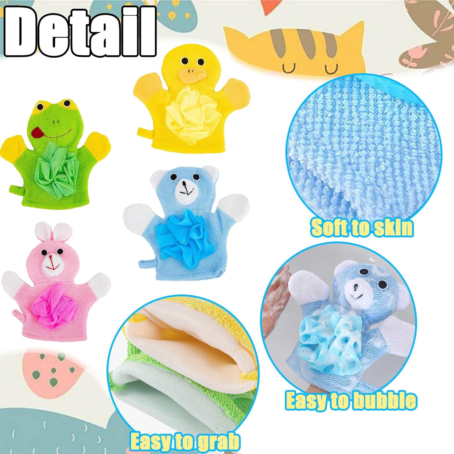 Wash Mitt with Animal Motif, Pack of 4 Wash Cloths Baby, Baby Bath Gloves, Baby Wash Cloths with Animal Motif, Baby Wash Cloth, Cartoon Baby Bath Glove, for Toddlers, Children, Bathroom, Shower