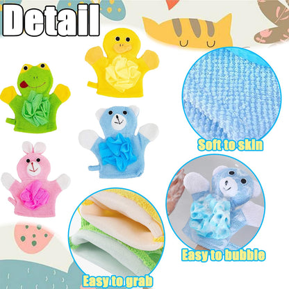 Wash Mitt with Animal Motif, Pack of 4 Wash Cloths Baby, Baby Bath Gloves, Baby Wash Cloths with Animal Motif, Baby Wash Cloth, Cartoon Baby Bath Glove, for Toddlers, Children, Bathroom, Shower