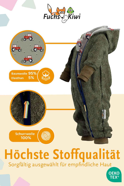 Fuchs & Kiwi Walkoverall Baby Boys - Natural Virgin Wool & Jersey Lining - Oeko-Tex, Skin-Friendly - Handmade in Berlin - Wool Walk Overall Baby & Toddler - Winter & Autumn