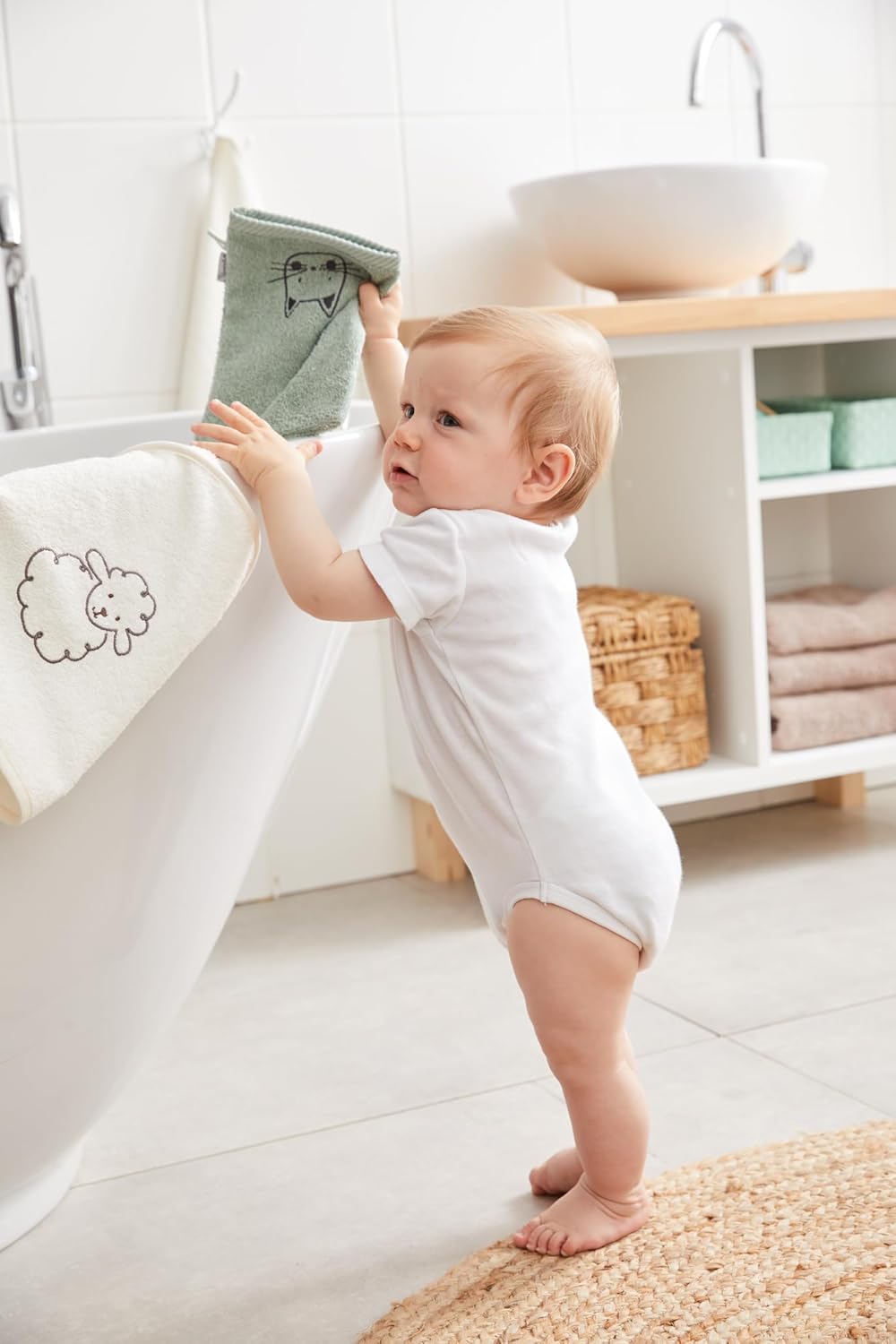 Sterntaler Waschlappen 2er Pack Bauernhof - Frottee Babywaschhandschuh aus saugfähiger, weicher Baumwolle, sorgt für Spaß beim Baden und Duschen - Baby und Kinder Waschlappen, steingrün