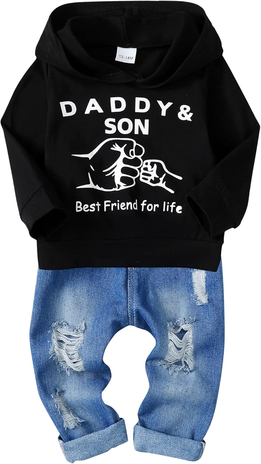 SOLOYEE Baby Boys Outfits Clothing Sets Toddler Clothing Boy 1-5 Years Letter Pattern Long Sleeves with Hood Sweatshirt and Baby Jeans Boy 2-Piece Set