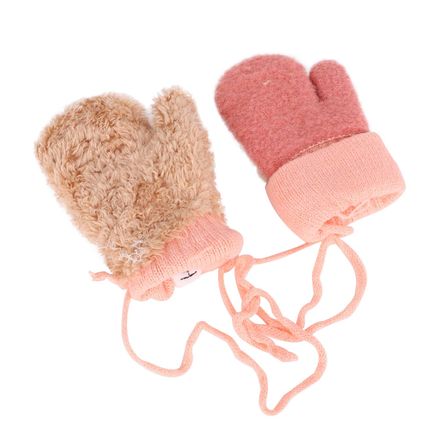 Kids Winter Gloves Mittens Baby Cartoon Mitten Neck Gloves Thick Double Knitted Glove with Plush,0 - 3 years old, Playing, Running, Skiing